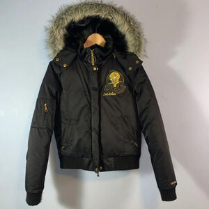 Lot 29 Luxe Looney Tunes womens size med black satin down fur tweety bird coat